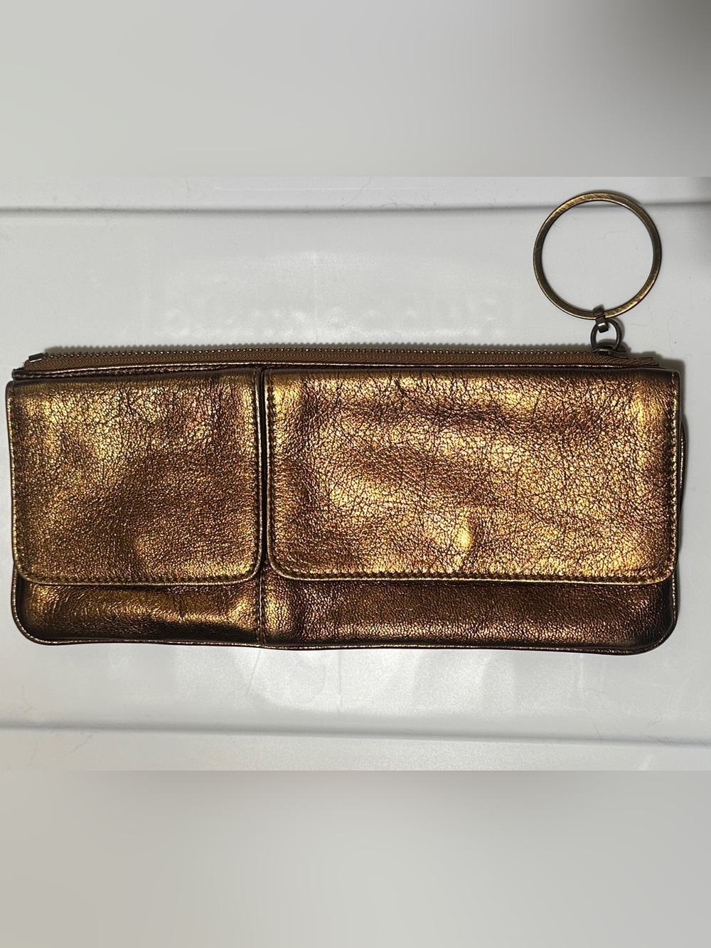 Rare Sigerson Morrison Metallic Bronze Copper Leather Wristlet with Keyring